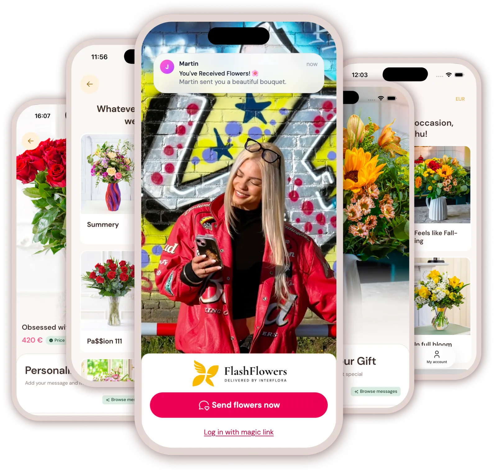 FlashFlowers bouquet ordering flow across mobile screens