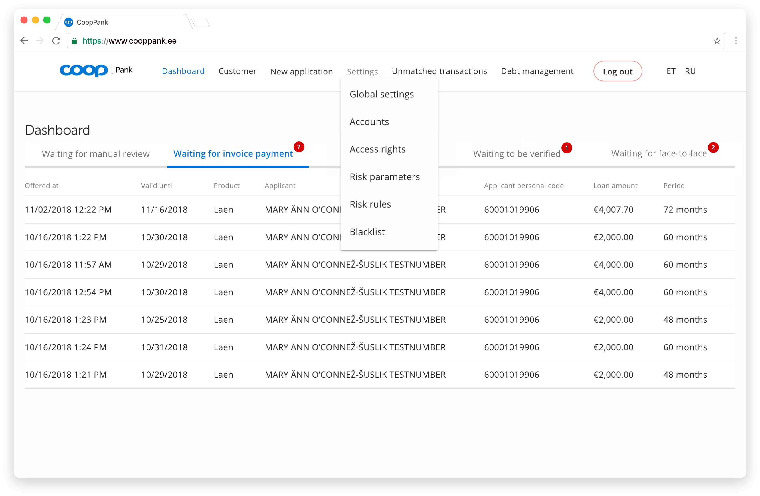 Loan system backoffice