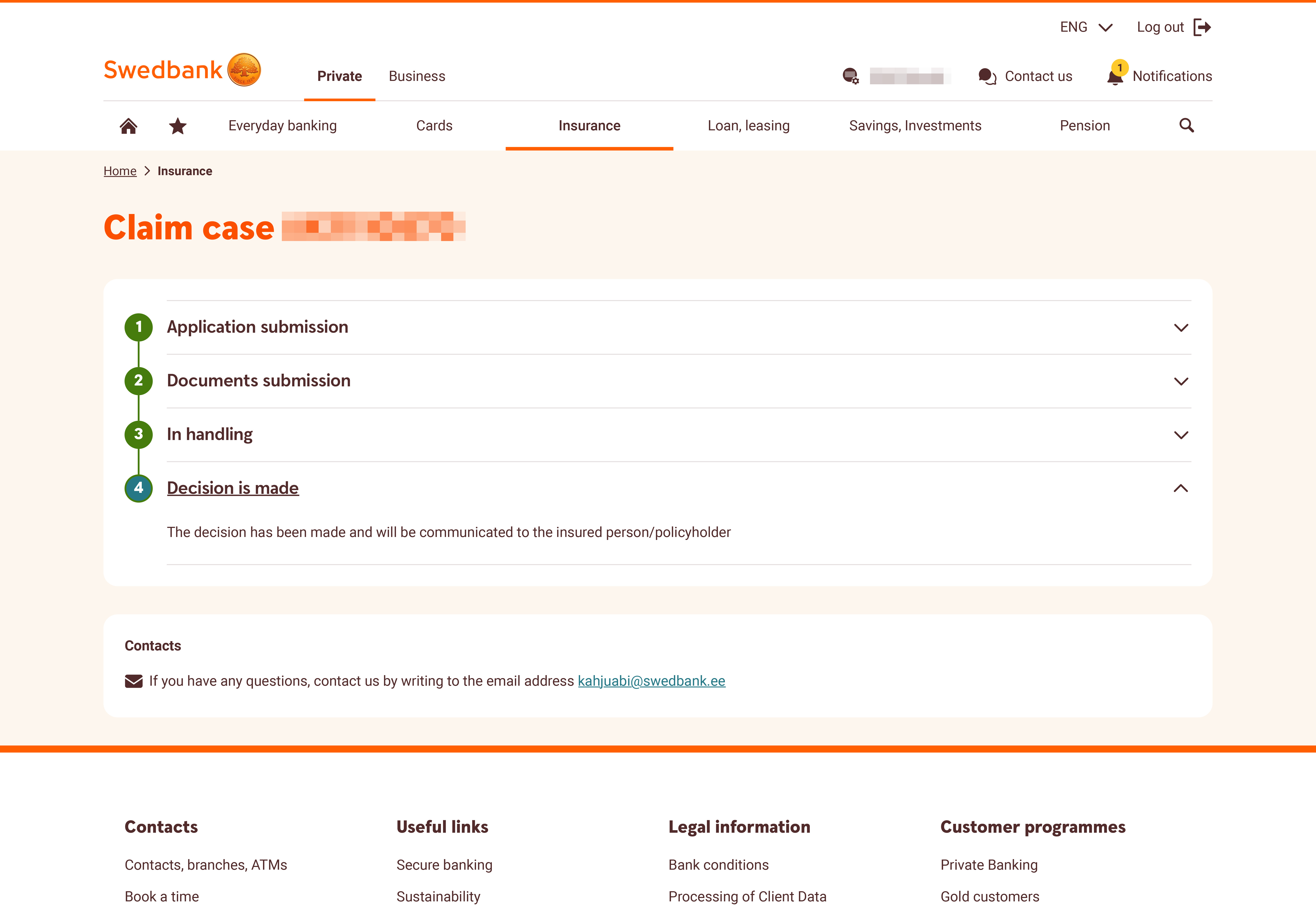 Claim case page in Swedbank's internet bank, showing the four stages of a claim: application submission, documents submission, in handling, and decision is made. The current stage is highlighted.